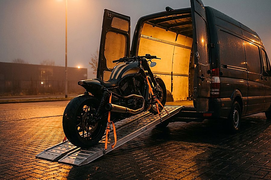 Motocykl na rampie przy tylnych drzwiach busa
